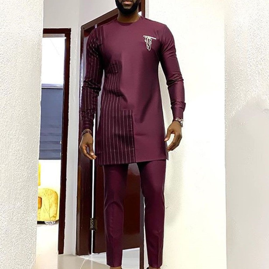 Men ericdress | Stripe Round Neck Fall Men'S Shirt Burgundy