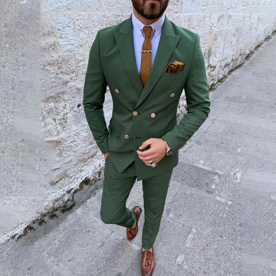 Men ericdress | Ericdress Ol Double-Breasted Pocket Men'S Dress Suit Green