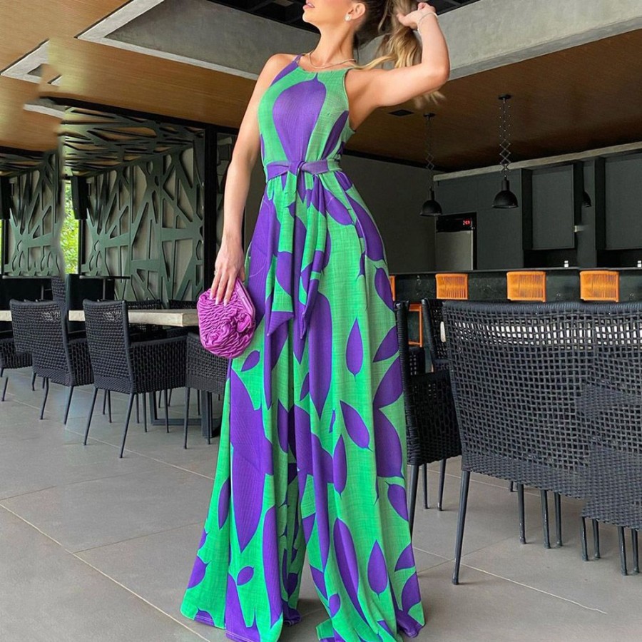 Women ericdress | Ericdress Print Fashion Full Length Slim High Waist Jumpsuit Green