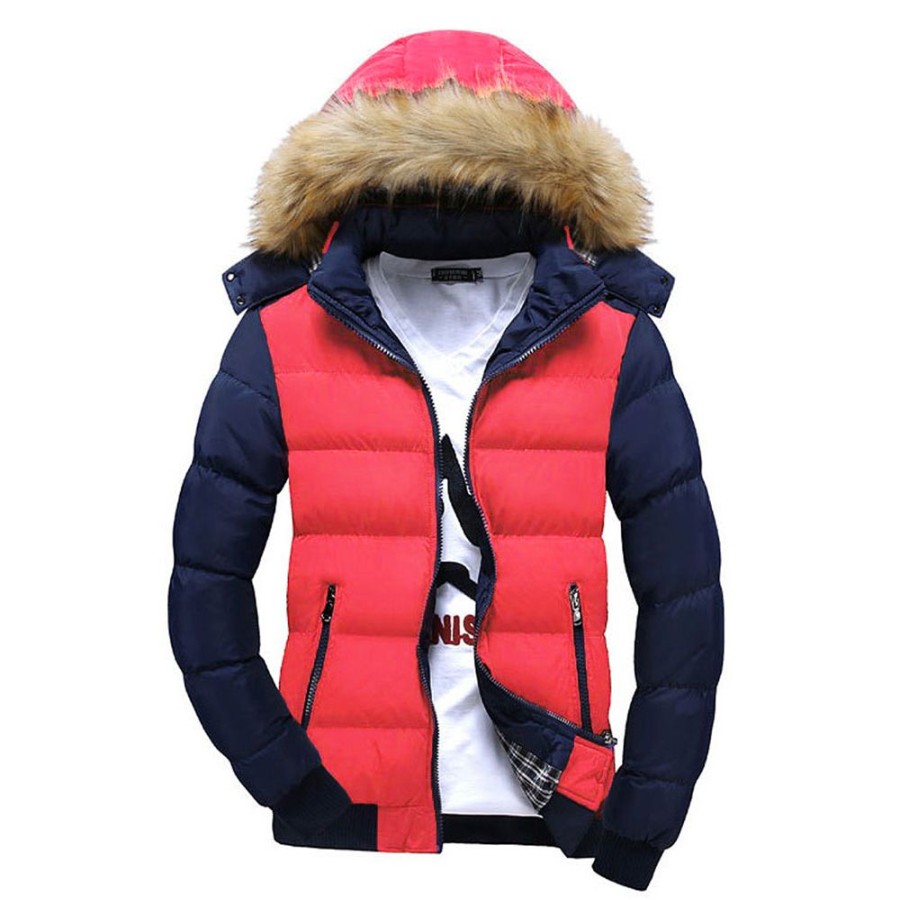 Men ericdress | Ericdress Color Block Faux Fur Collar Thicken Men'S Cotton Coat