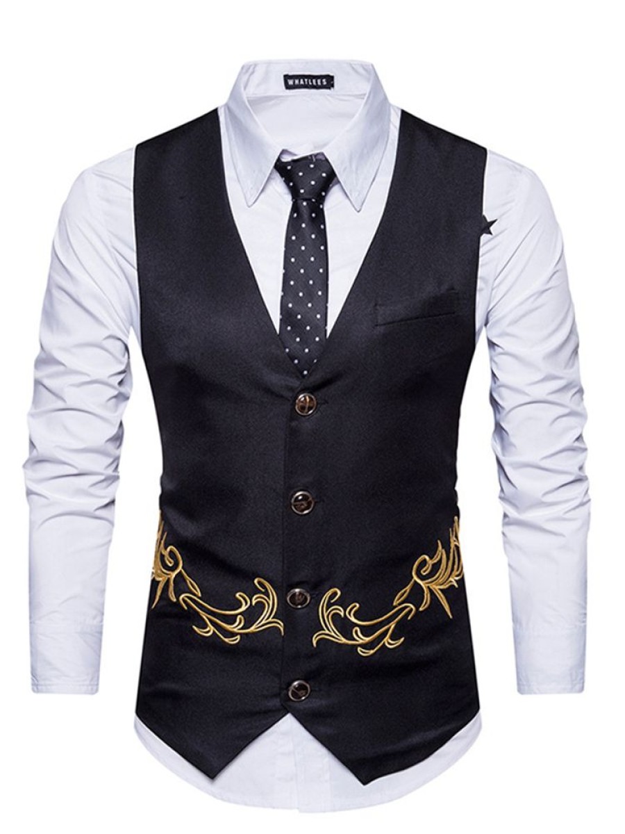 Men ericdress | Ericdress Vogue Plain Embroidery Cotton V-Neck Slim Men'S Vest