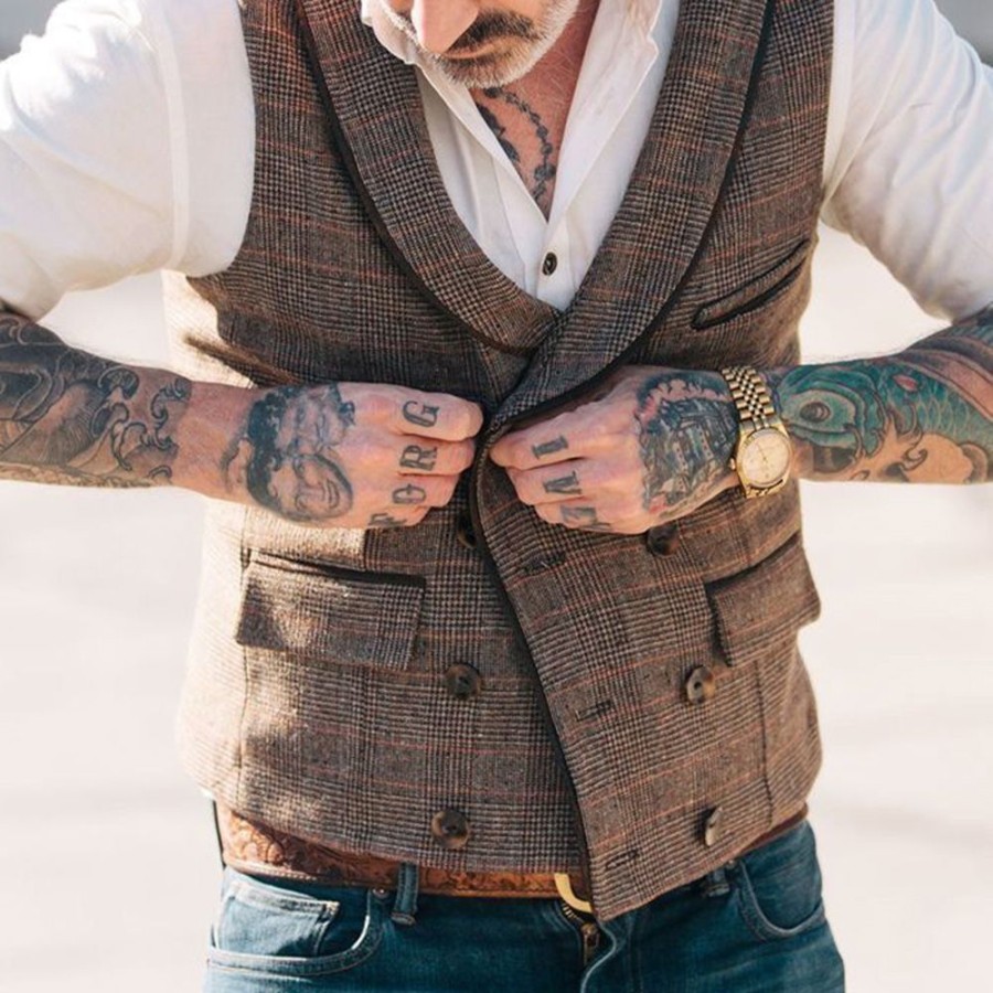 Men ericdress | Ericdress Lapel Pocket Plaid Fall Double-Breasted Waistcoat