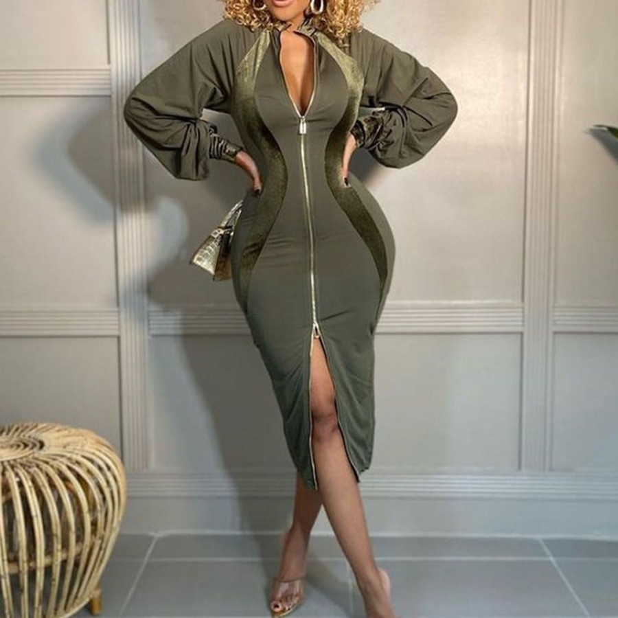 Women ericdress | Ericdress Long Sleeve Mid-Calf Split Fall High Waist Bodycon Dress Army Green