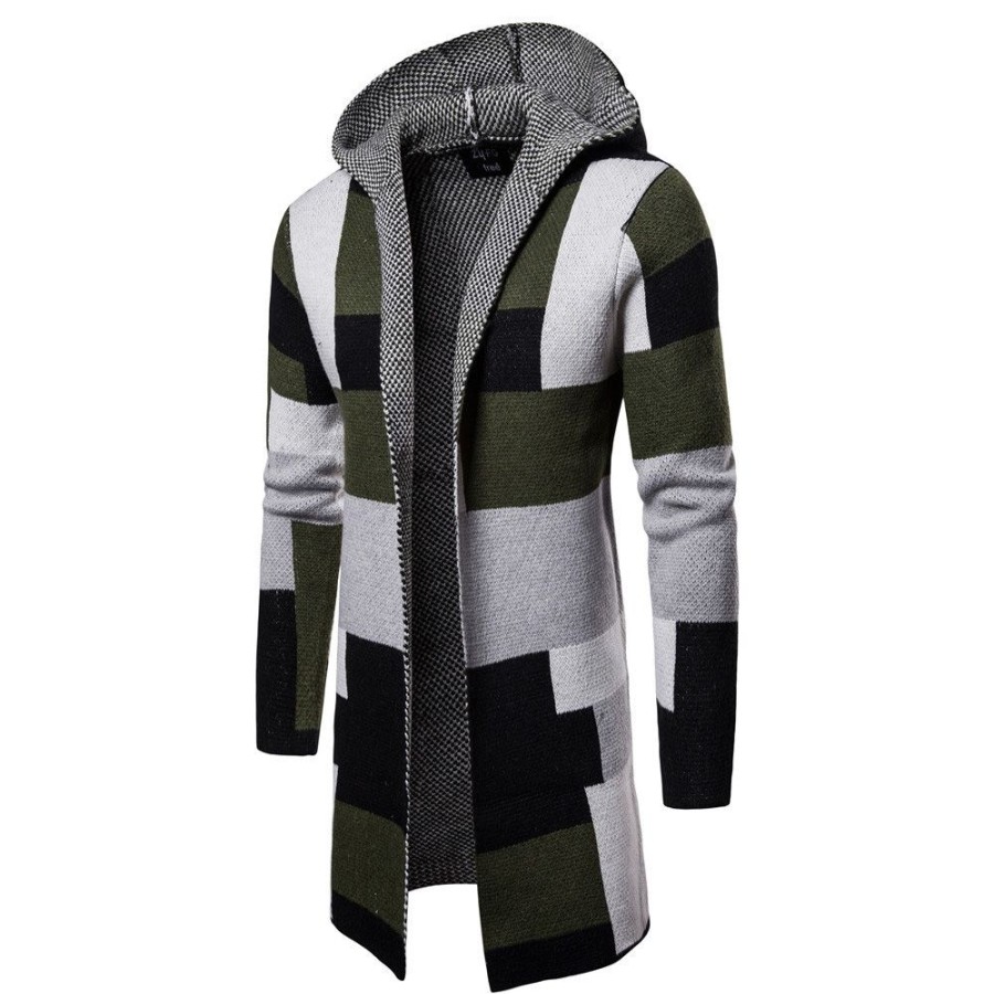 Men ericdress | Ericdress Patchwork Mid-Length Hooded Mens Winter Cardigan Sweaters