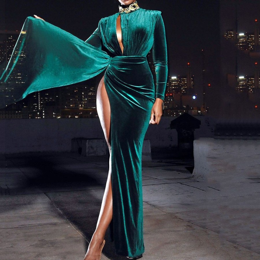 Women ericdress | Ericdress Floor-Length Long Sleeve Split Sexy High Waist Maxi Dress