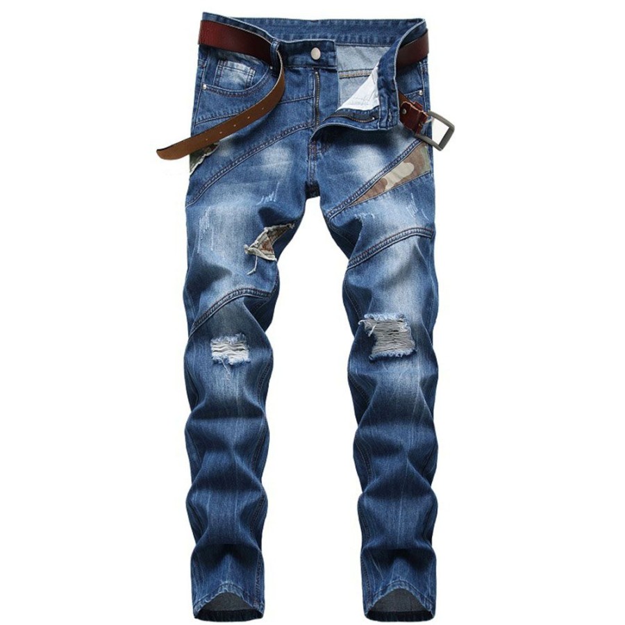 Men ericdress | Ericdress Straight Worn Camouflage Mid Waist Zipper Men'S Jeans Blue