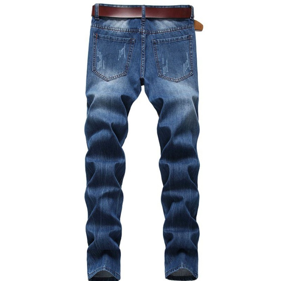 Men ericdress | Ericdress Straight Worn Camouflage Mid Waist Zipper Men'S Jeans Blue