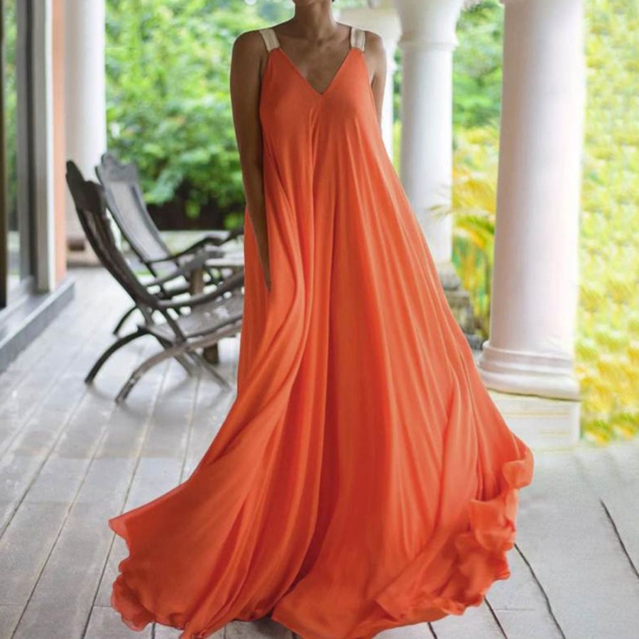 Women ericdress | Ericdress Sleeveless V-Neck Floor-Length Pullover Spaghetti Strap Maxi Dress Orange