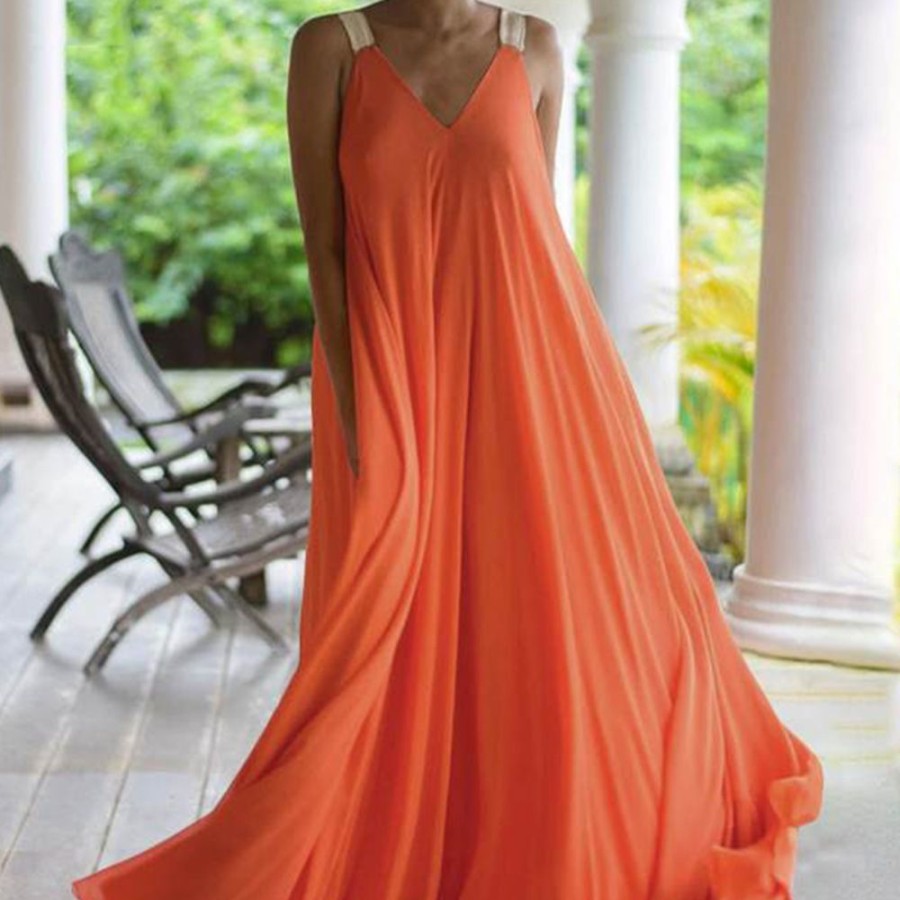 Women ericdress | Ericdress Sleeveless V-Neck Floor-Length Pullover Spaghetti Strap Maxi Dress Orange