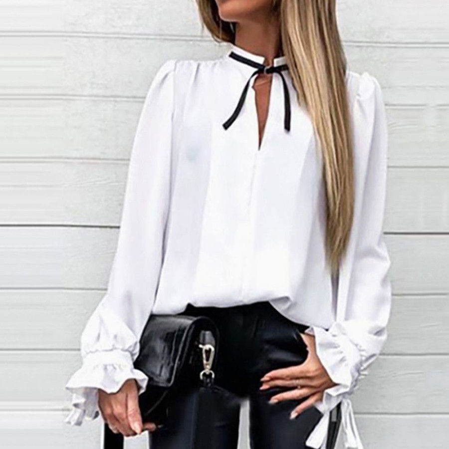 Women ericdress | Ericdress Plain Patchwork Stand Collar Long Sleeve Standard Women'S Blouse White