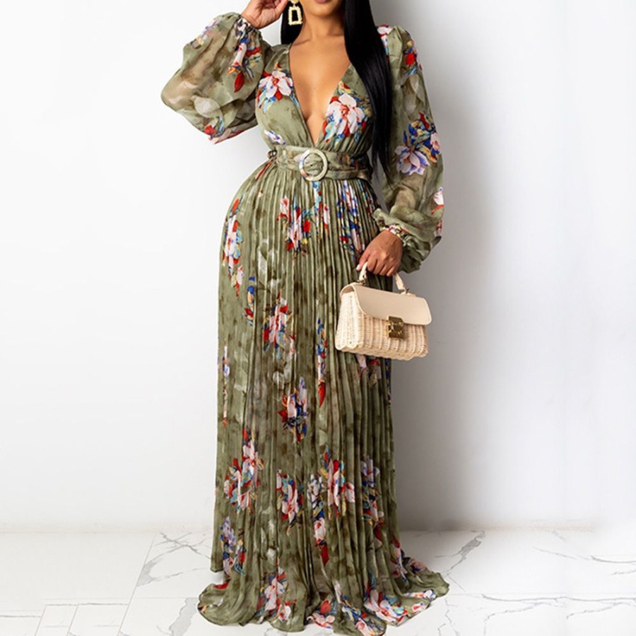 Women ericdress | Ericdress Long Sleeve Floor-Length Print Pleated Women'S Maxi Dress