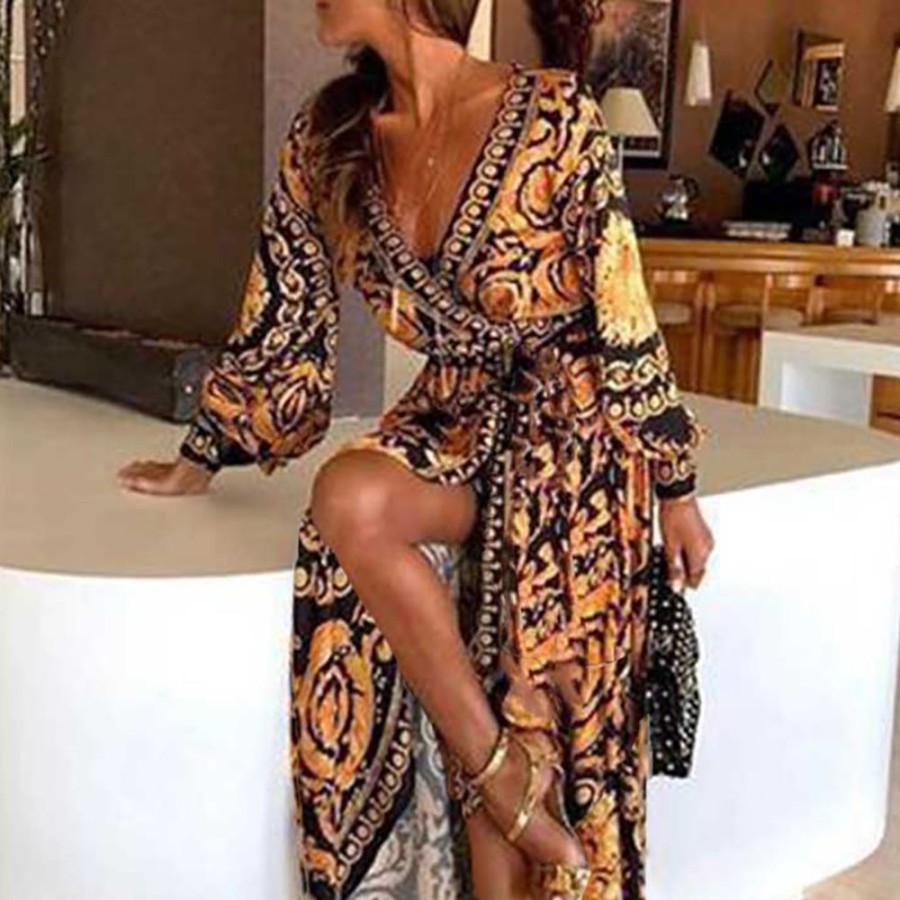 Women ericdress | Ericdress V-Neck Print Long Sleeve Lantern Sleeve Casual Dress Yellow