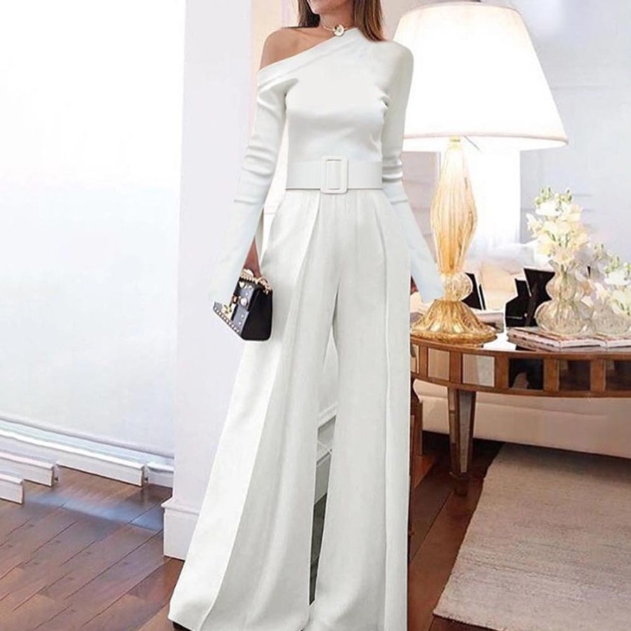 Women ericdress | Ericdress Full Length Elegant Plain High Waist Women'S Slim Jumpsuit White