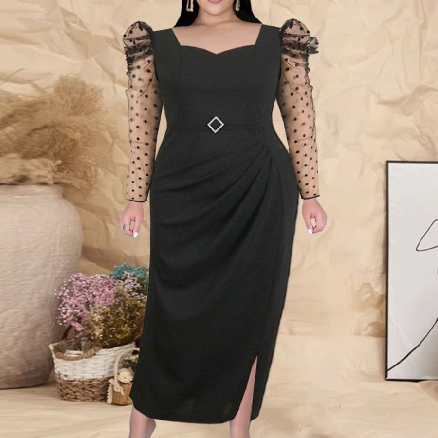 Women ericdress | Ericdress Ankle-Length Long Sleeve Split Pullover Bodycon Dress Plus Size Black