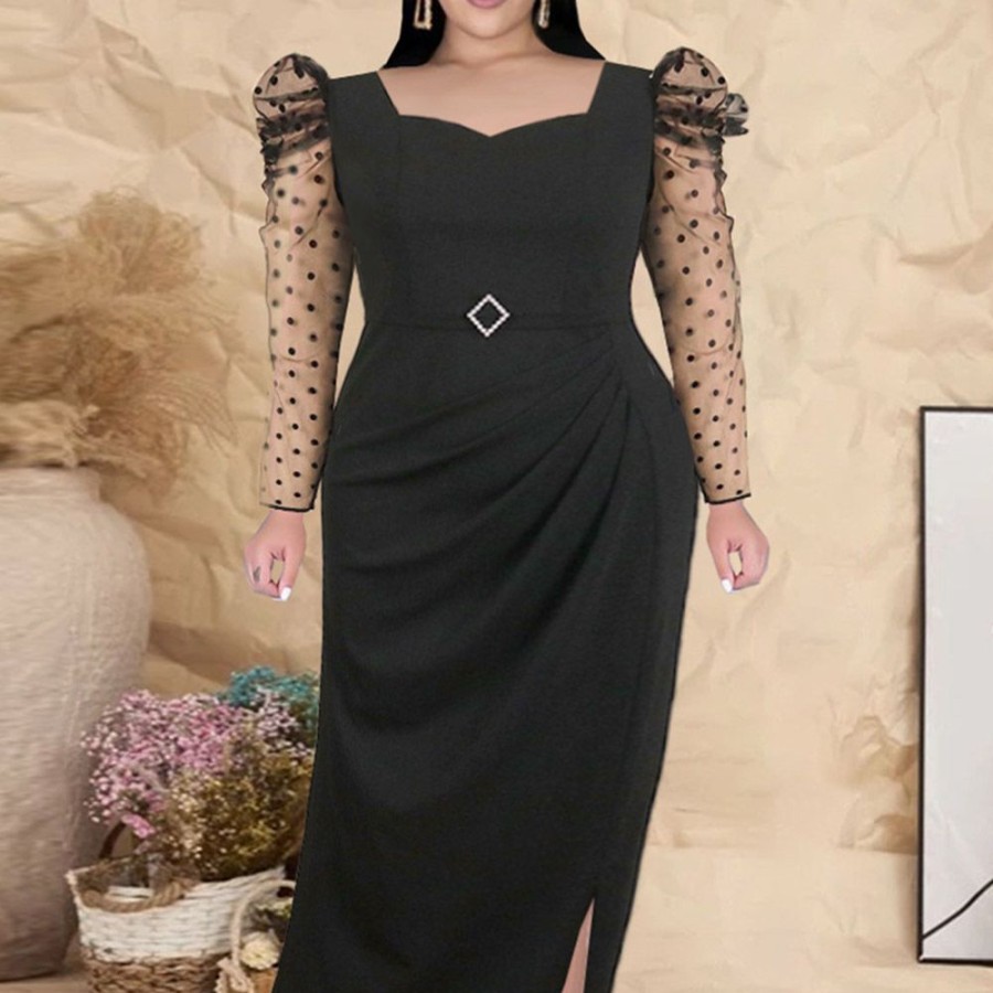 Women ericdress | Ericdress Ankle-Length Long Sleeve Split Pullover Bodycon Dress Plus Size Black