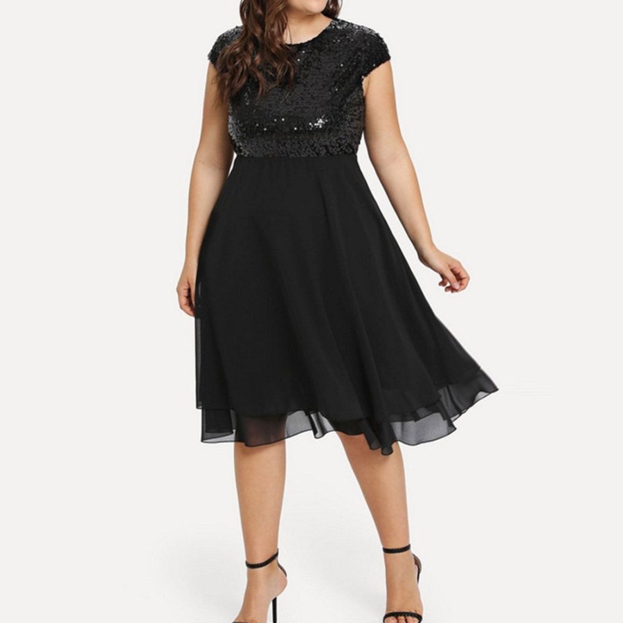 Women ericdress | Ericdress Short Sleeve Sequins Knee-Length Plus Size Regular Casual Dress Black