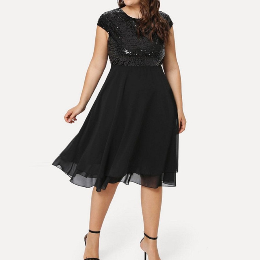 Women ericdress | Ericdress Short Sleeve Sequins Knee-Length Plus Size Regular Casual Dress Black