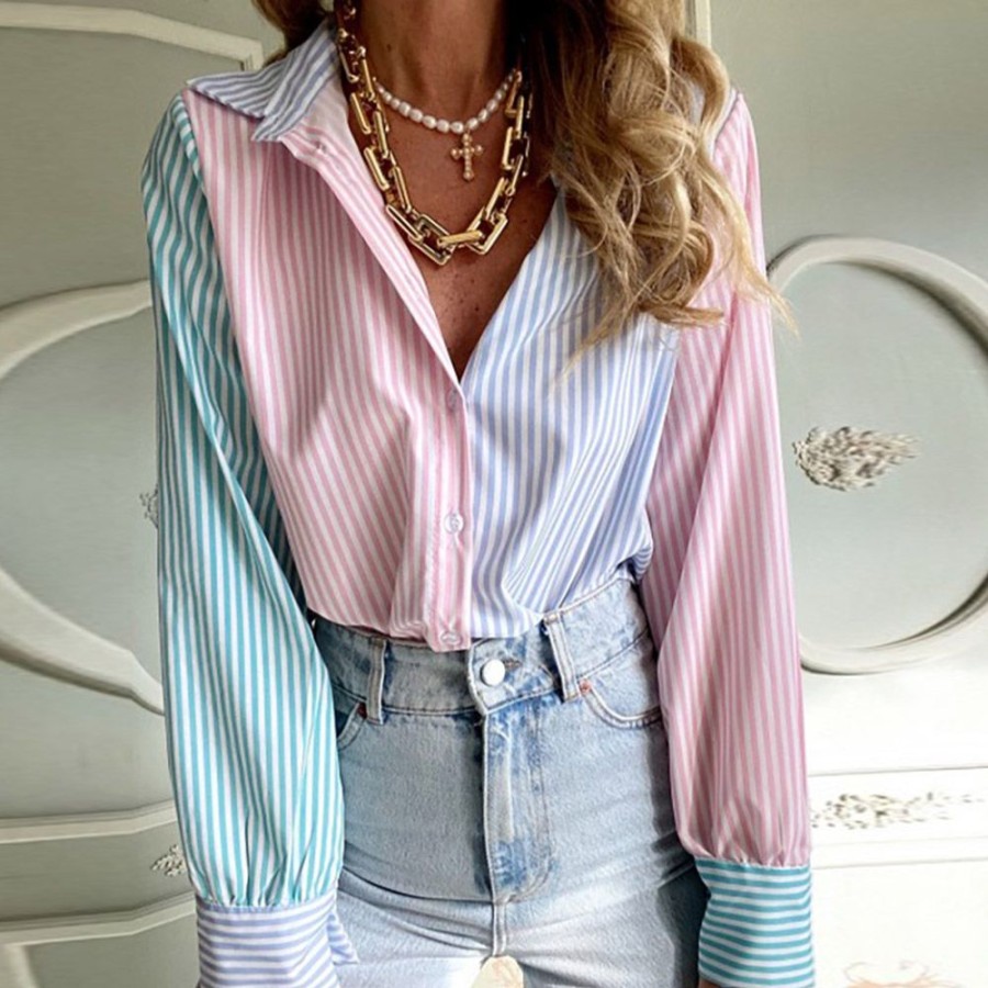 Women ericdress | Ericdress Regular Color Block Button Long Sleeve Standard Women'S Stripe Blouse Pink