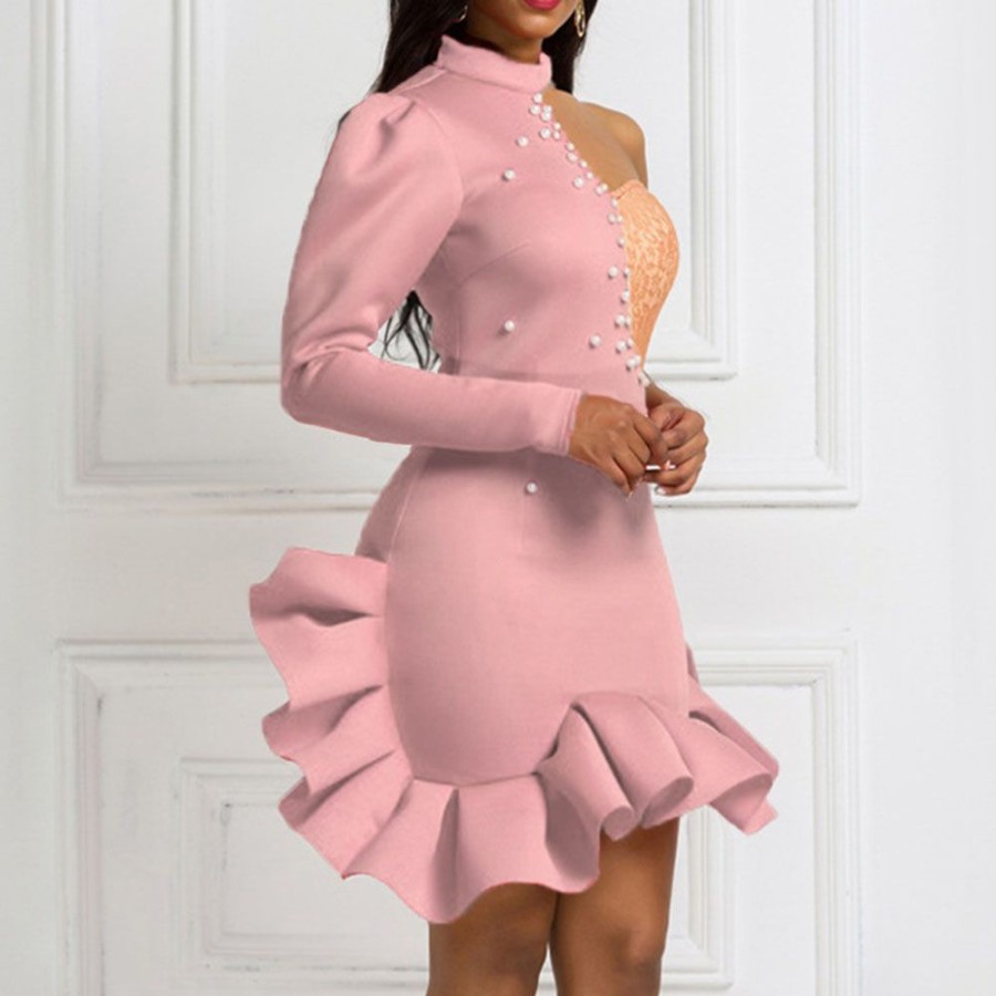 Women ericdress | Ericdress Above Knee Stand Collar Long Sleeve Bodycon Sexy Dress Pink