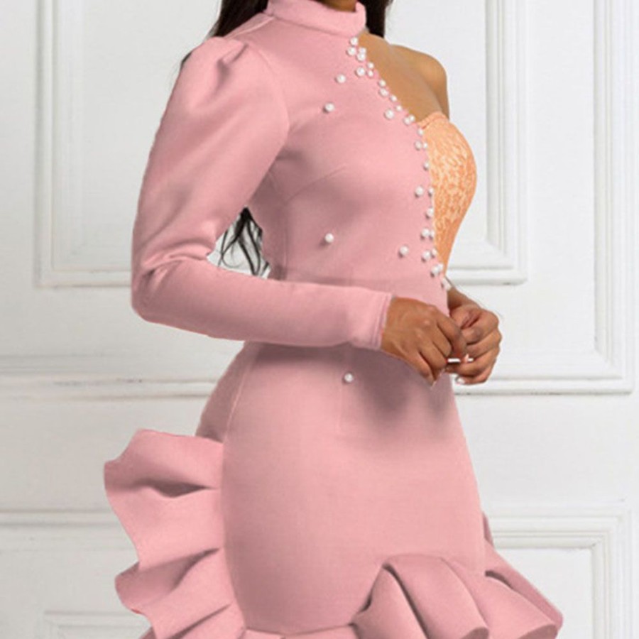 Women ericdress | Ericdress Above Knee Stand Collar Long Sleeve Bodycon Sexy Dress Pink