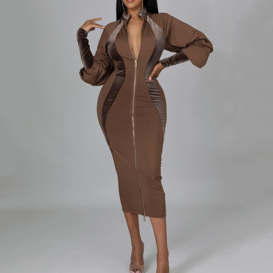 Women ericdress | Ericdress Stand Collar Mid-Calf Long Sleeve Regular Bodycon Dress