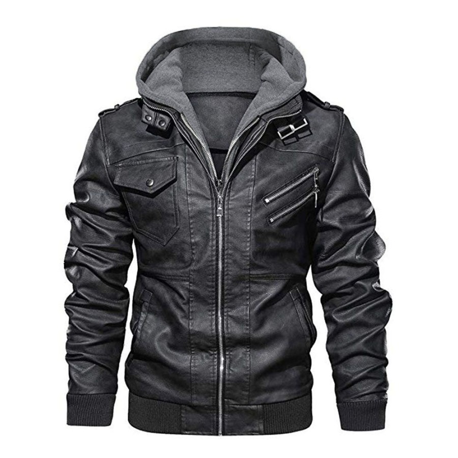 Men ericdress | Hooded Plain Standard Patchwork Men'S Leather Jacket Black