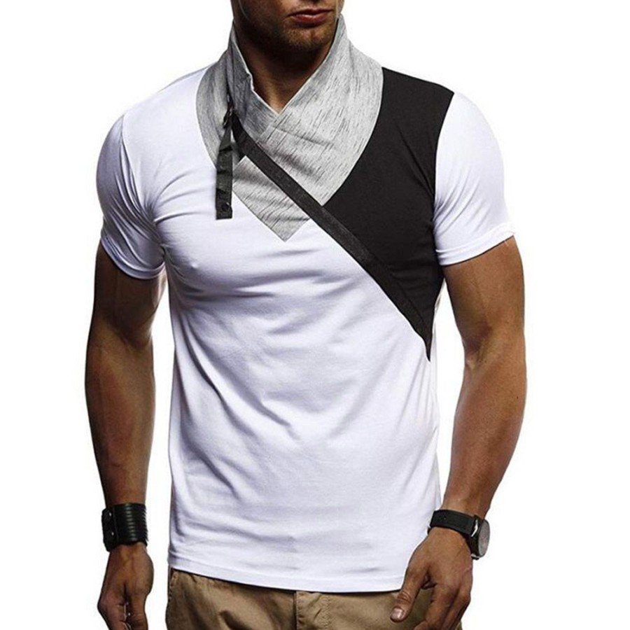 Men ericdress | Ericdress Color Block Casual Heap Collar Slim Mens Short Sleeve T-Shirt