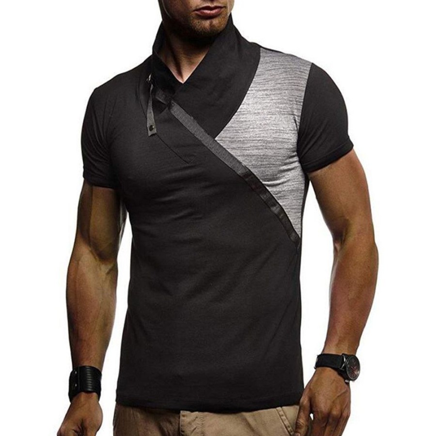 Men ericdress | Ericdress Color Block Casual Heap Collar Slim Mens Short Sleeve T-Shirt