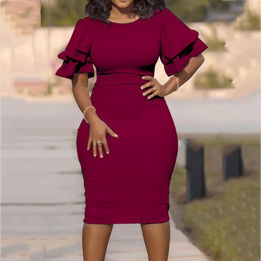 Women ericdress | Ericdress Plus Size Round Neck Ruffle Sleeve Single Bodycon Dress