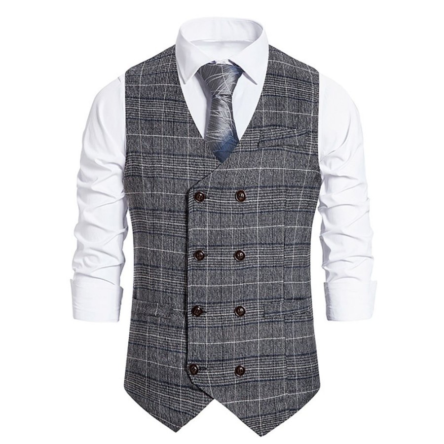 Men ericdress | Ericdress Plaid Print V-Neck Ol Double-Breasted Waistcoat