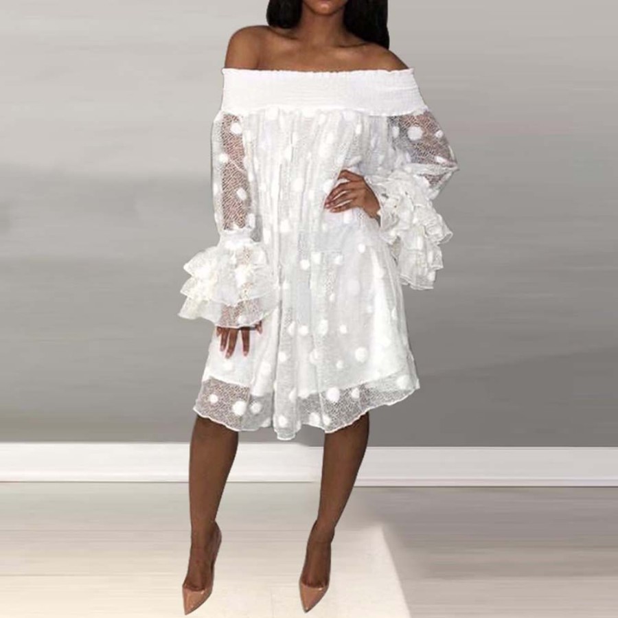 Women ericdress | Ericdress Long Sleeve Mesh Off Shoulder Summer Casual Dress White