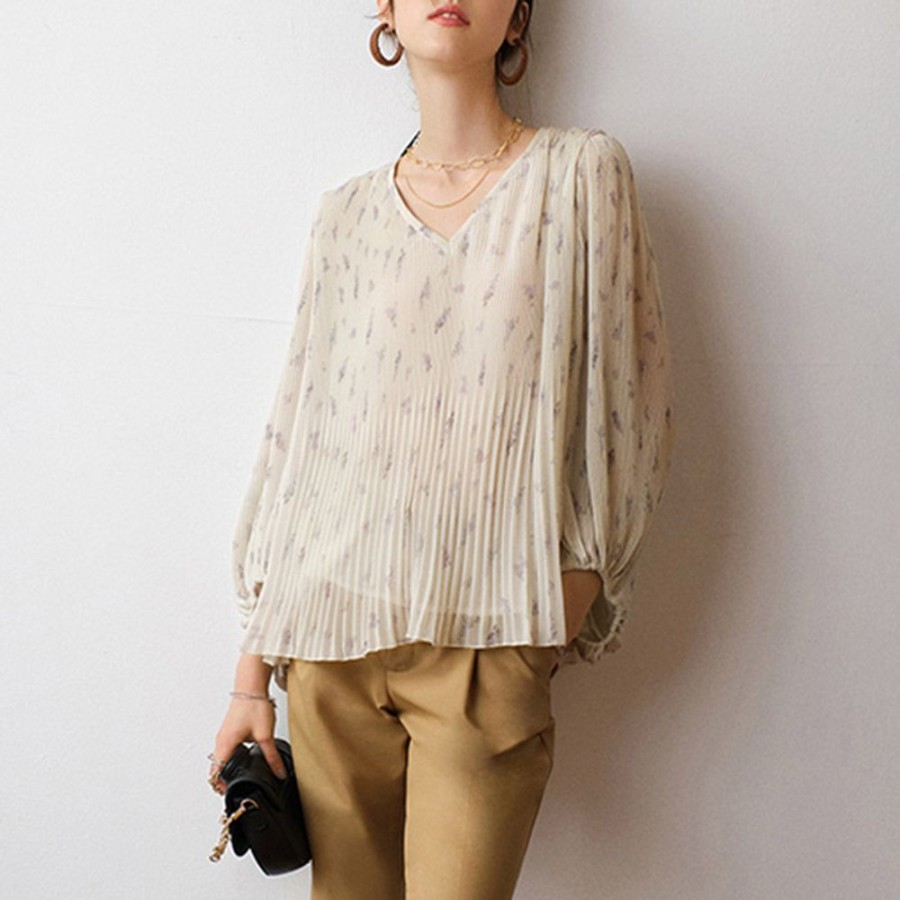 Women ericdress | Print Lantern Sleeve V-Neck Color Block Standard Women'S Blouse Beige