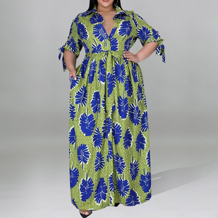 Women ericdress | Ericdress Floor-Length Button Three-Quarter Sleeve Summer Single-Breasted Maxi Dress Green