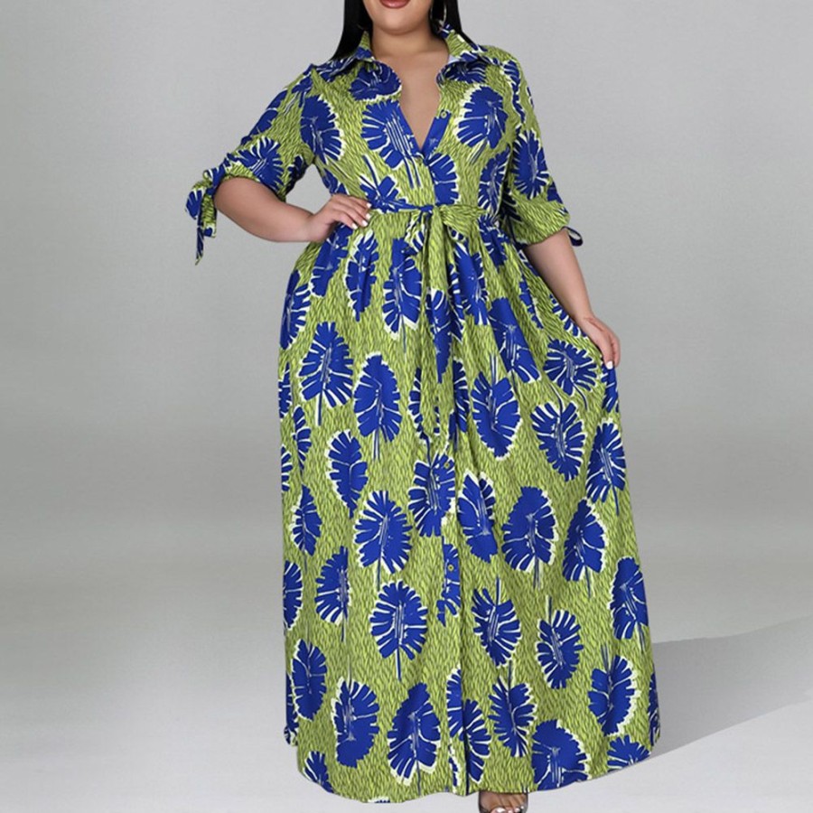 Women ericdress | Ericdress Floor-Length Button Three-Quarter Sleeve Summer Single-Breasted Maxi Dress Green