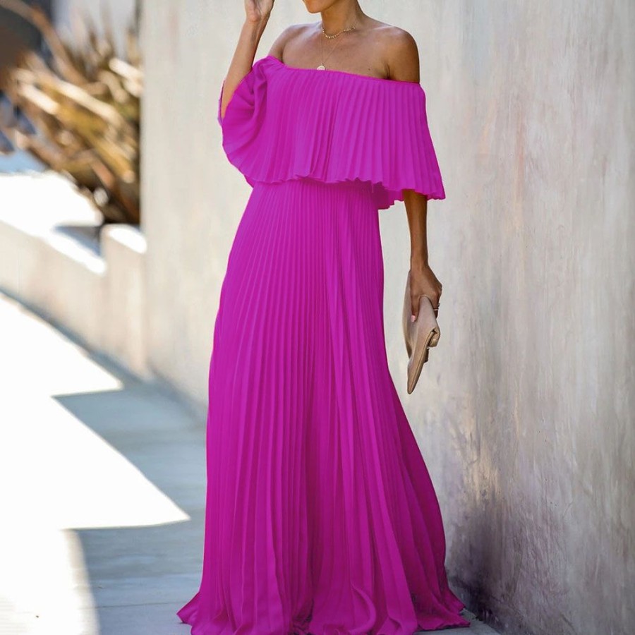 Women ericdress | Ericdress Off Shoulder Floor-Length Three-Quarter Sleeve Plain Pullover Maxi Dress Rose