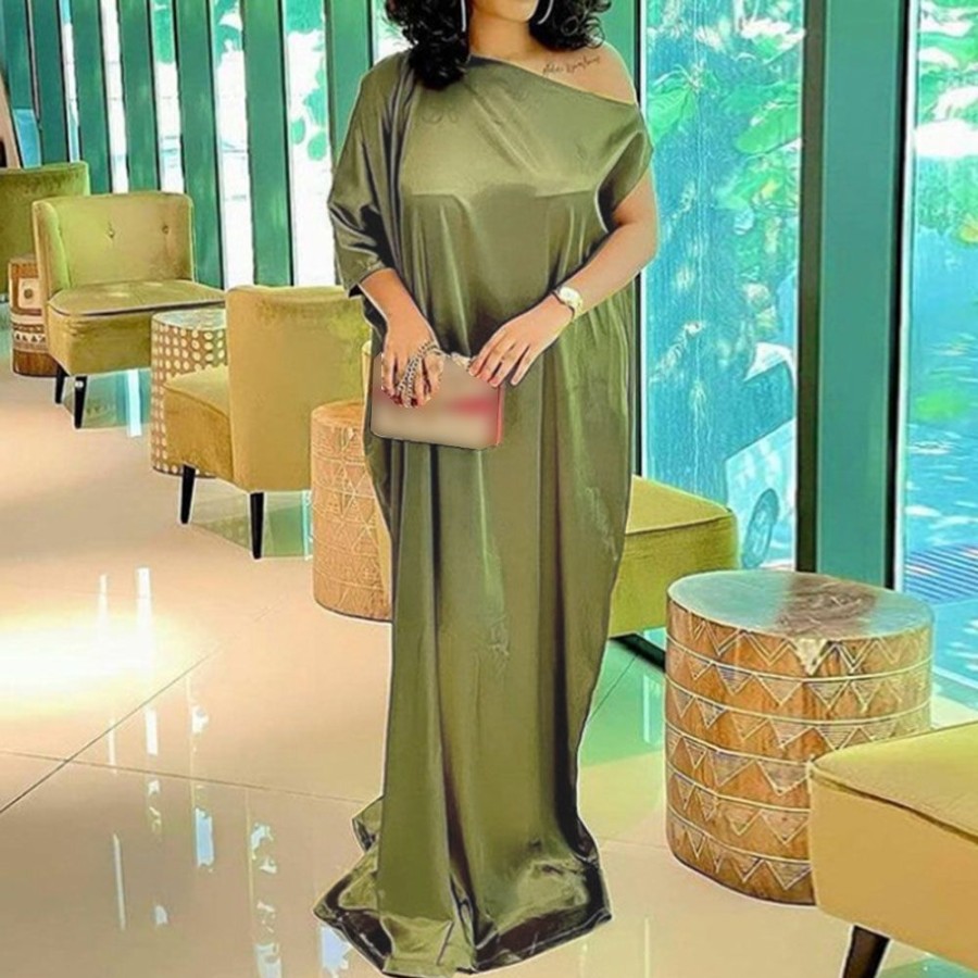 Women ericdress | Ericdress Floor-Length Oblique Collar Three-Quarter Sleeve Plain Pullover Maxi Dress Plus Size Golden