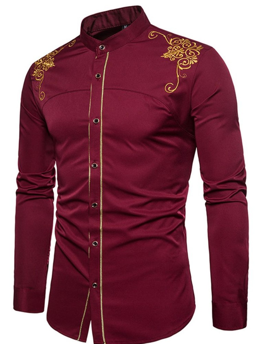 Men ericdress | Ericdress Golden Embroidery Plain Men'S Single Breasted Shirt