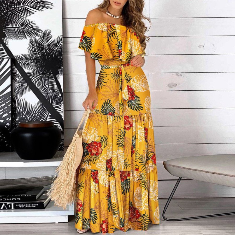 Women ericdress | Ericdress Print Off Shoulder Floor-Length Plant Mid Waist Bodycon Dress Maxi Dress