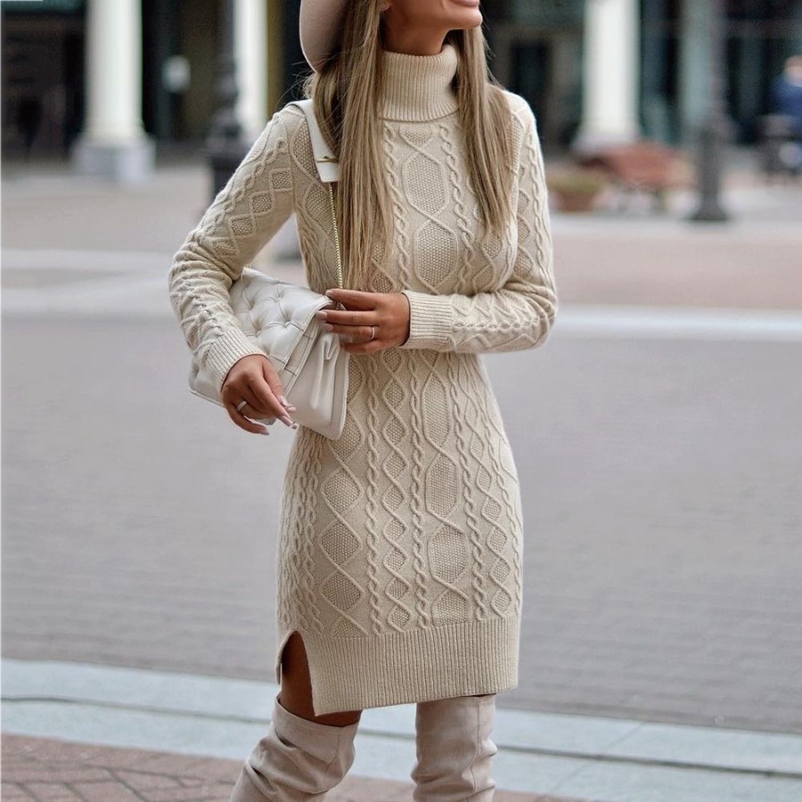 Women ericdress | Turtleneck Above Knee Long Sleeve Plain Women'S Sweater Dress Beige