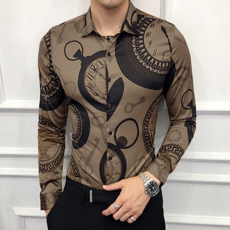 Men ericdress | Ericdress Geometric Vintage Lapel Slim Style Single-Breasted Men'S Shirt