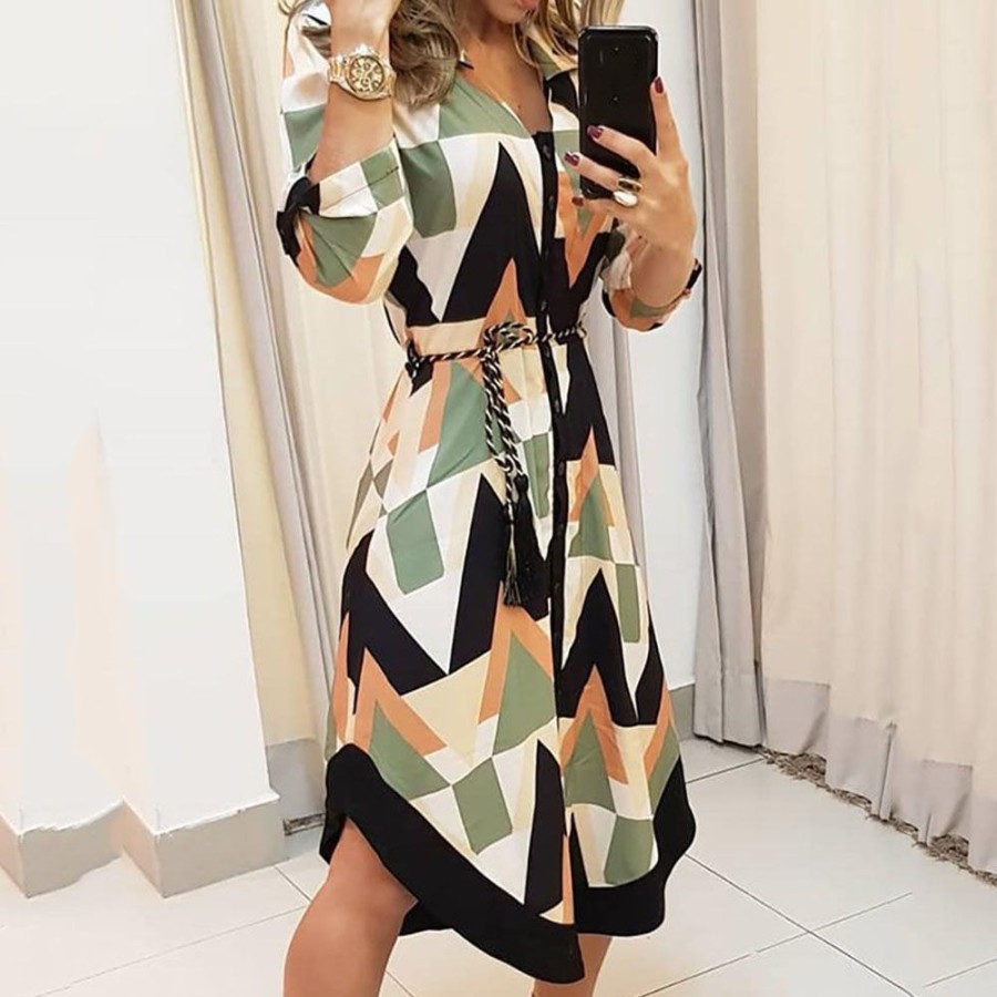 Women ericdress | Ericdress Lace-Up Mid-Calf Long Sleeve Asymmetrical Single-Breasted Casual Dress Green