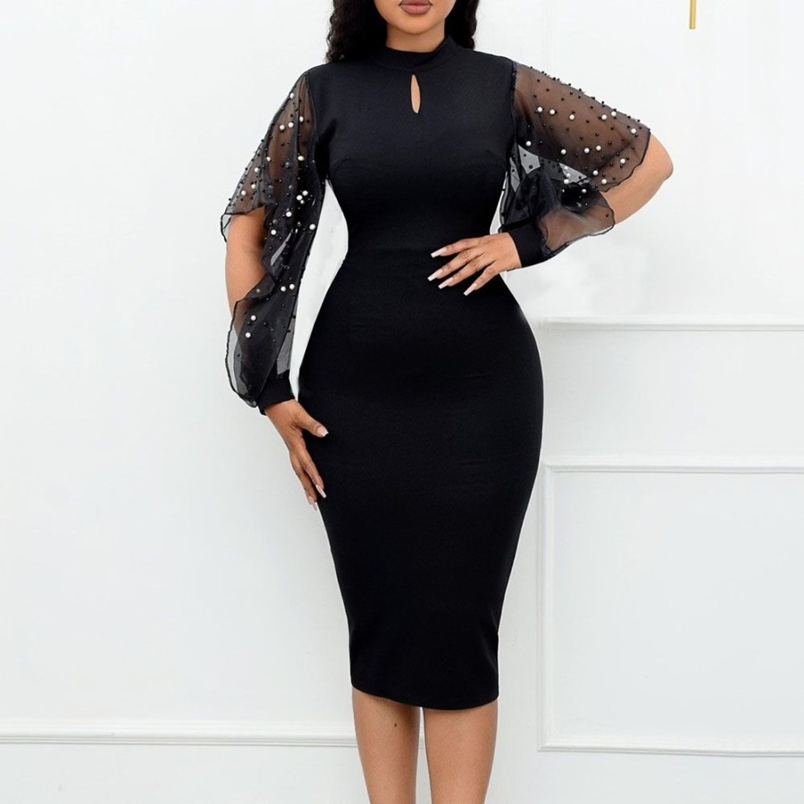 Women ericdress | Ericdress Mid-Calf Bead Long Sleeve Regular Plain Bodycon Dress