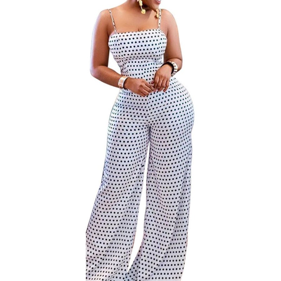 Women ericdress | Ericdress Bowknot Polka Dots Strap Slim Jumpsuit White