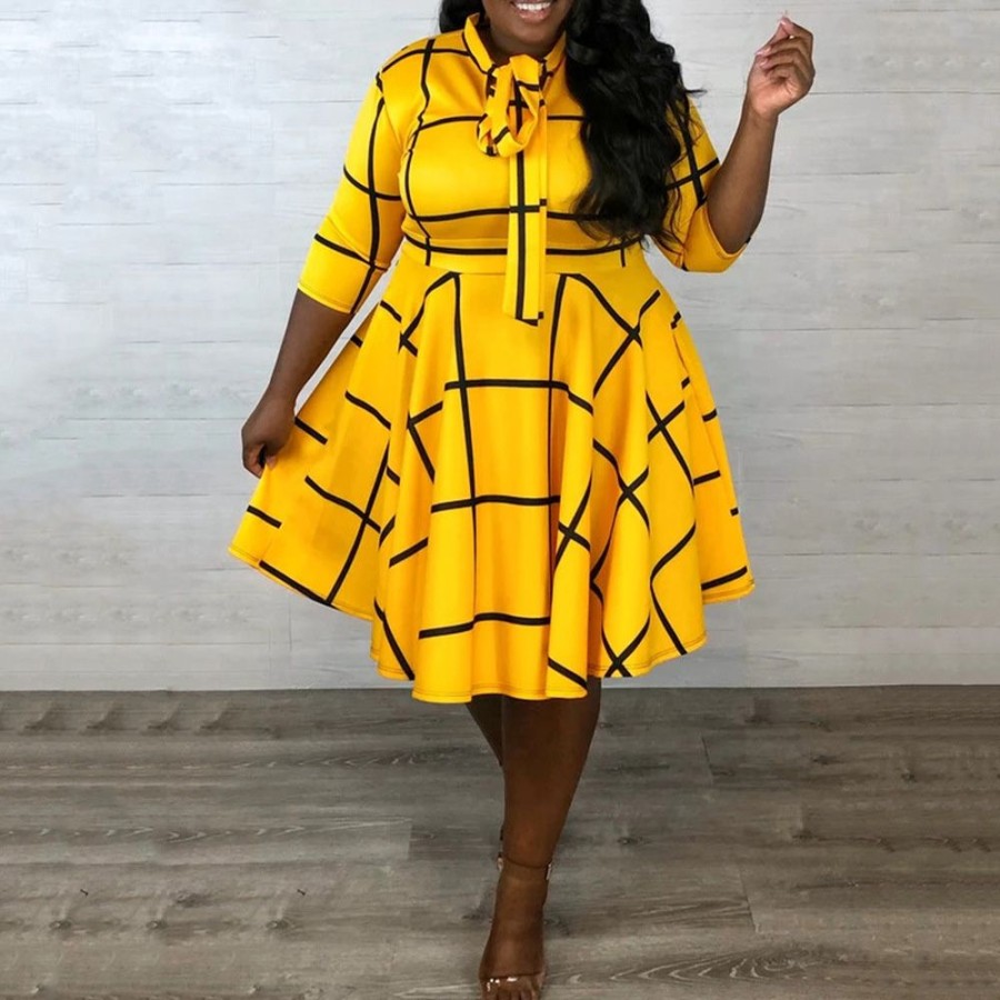 Women ericdress | Ericdress Patchwork Three-Quarter Sleeve Mid-Calf Regular Sweet Women'S A-Line Dress Yellow