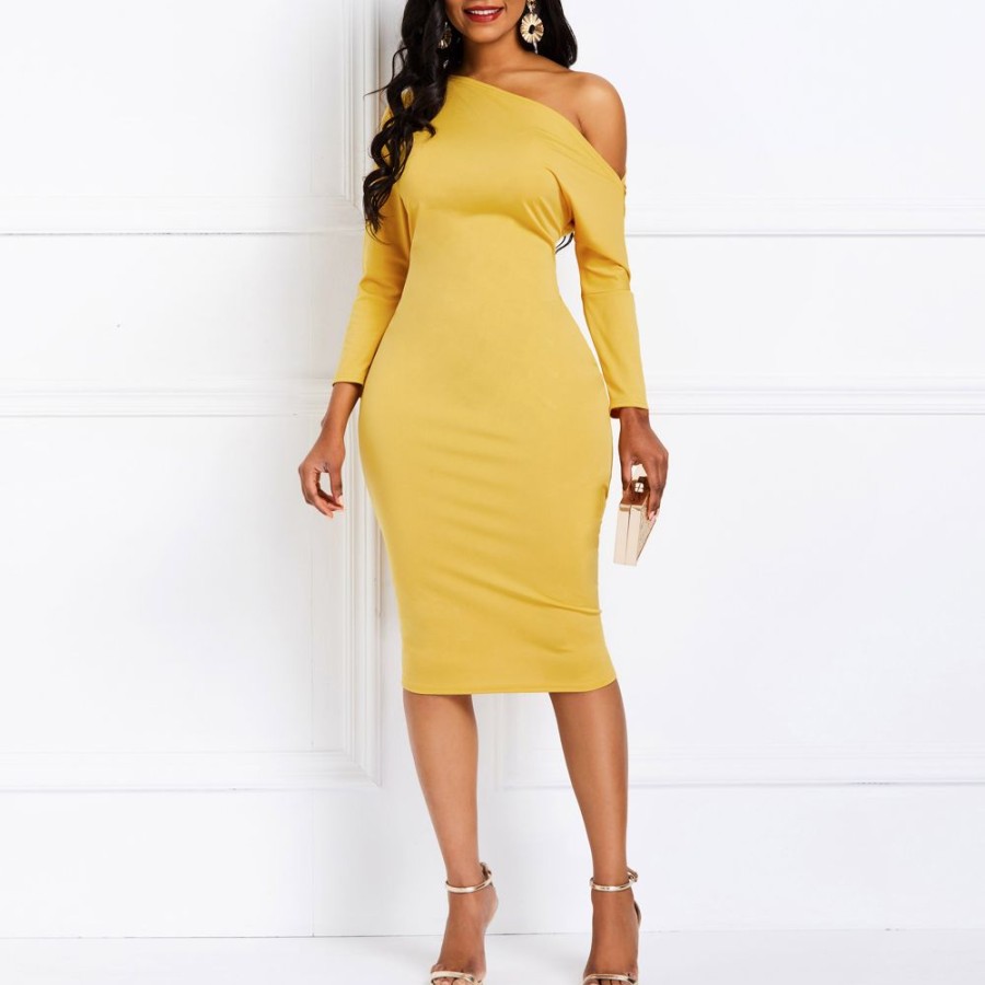 Women ericdress | Ericdress Oblique Collar Knee-Length Bodycon Dress Yellow