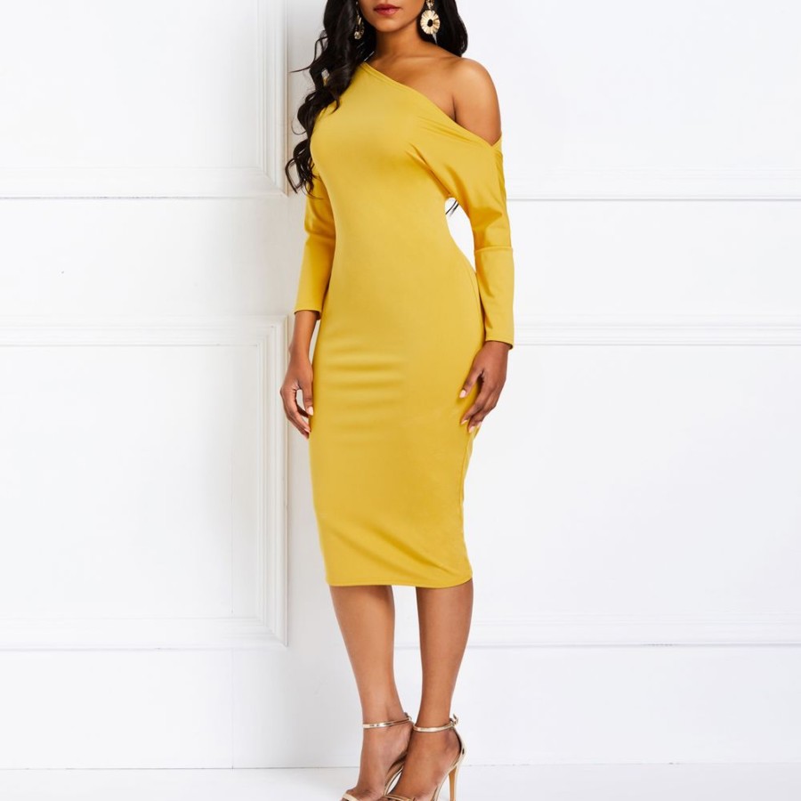 Women ericdress | Ericdress Oblique Collar Knee-Length Bodycon Dress Yellow