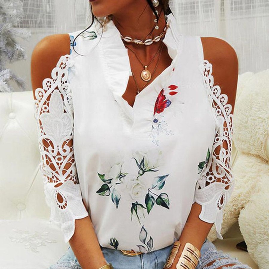 Women ericdress | Ericdress Stand Collar Floral Lace Women'S Three-Quarter Sleeve Standard Blouse White