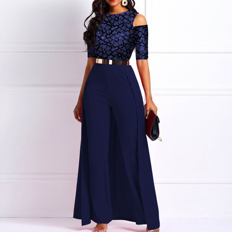 Women ericdress | Full Length Office Lady Asymmetric Slim Women'S Jumpsuit Dark Blue