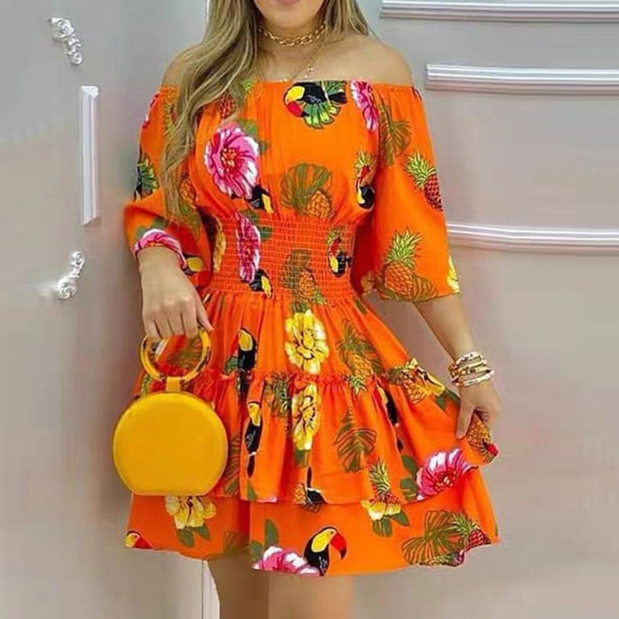 Women ericdress | Ericdress Above Knee Print Three-Quarter Sleeve Regular Casual Dress Orange