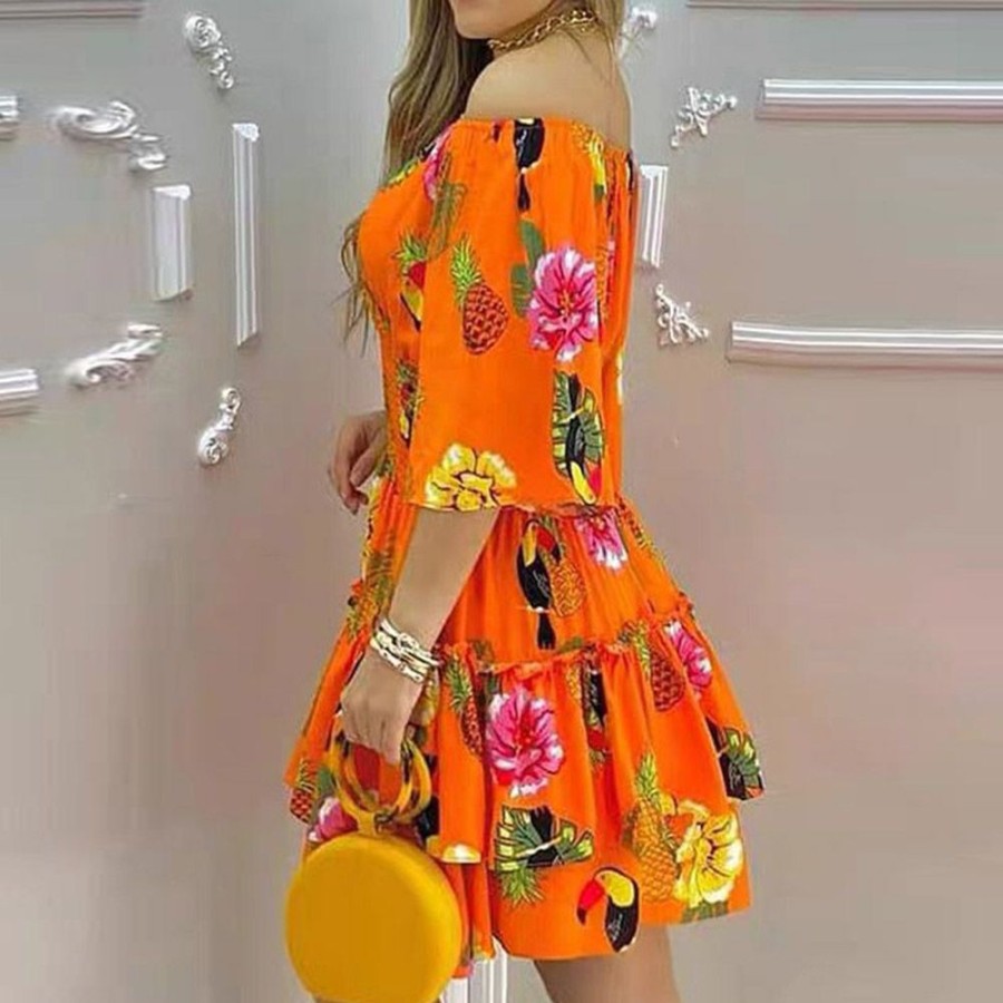 Women ericdress | Ericdress Above Knee Print Three-Quarter Sleeve Regular Casual Dress Orange